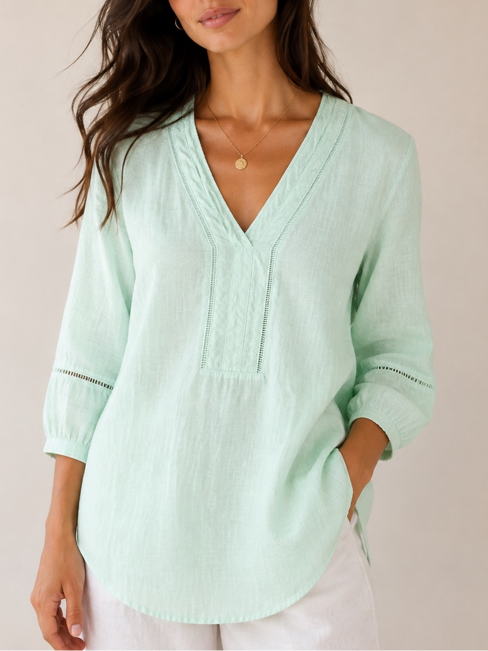 Joie 100% Linen V-Neck Tunic Blouse Size M Mint Green Boho Coastal Bohemian